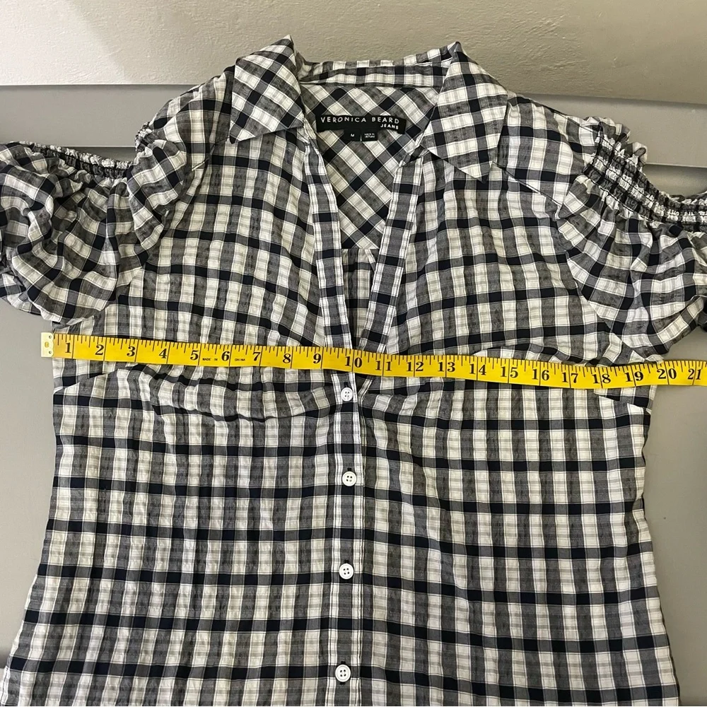 Veronica Beard Navy and White Plaid Ruched -Sleeve Blouse